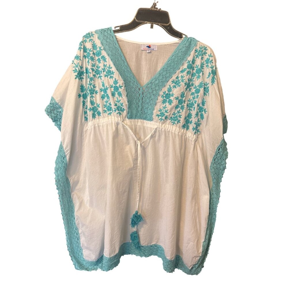 Sunny Oceans Medium Embroidered Floral Swim Beach Cover Up Tunic Cotton Relaxed